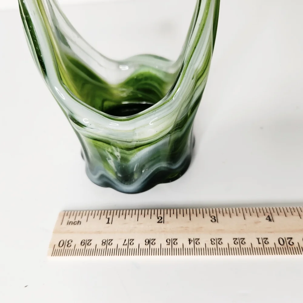 Vintage Hand Blown Stretch Art Glass Basket Vase Green White Swirls 5 1/2 Inches